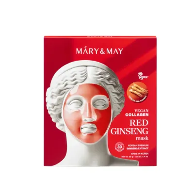 Маска для лица Mary&May Vegan Collagen Red Ginseng гидрогелевая с женьшенем и ниацинамидом, ревитализирующая, 4 шт