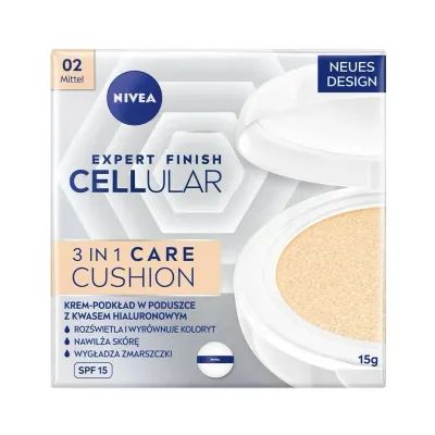 Тональный крем-кушон NIVEA Expert Finish Cellular 3in1 Care Cushion SPF 15 оттенок 02 Medium ухаживающий, сатиновый финиш, 15 мл